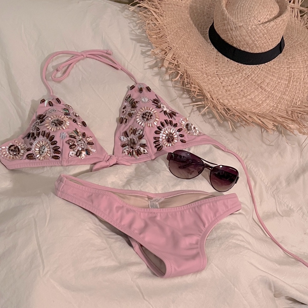 NWT- VSC PINK STRING BIKINI SET BEADED TRIANGLE TOP-L BTM-S VINTAGE FLAWLESS